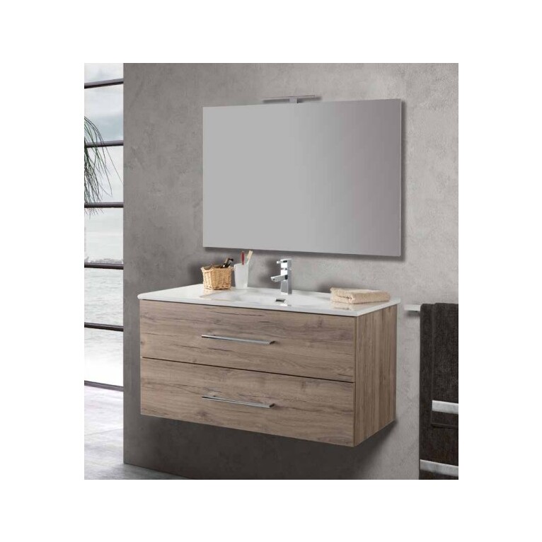 mobile bagno 80 cm roby colore legno con lavabo in ceramica, specchio 60x80 e applique led