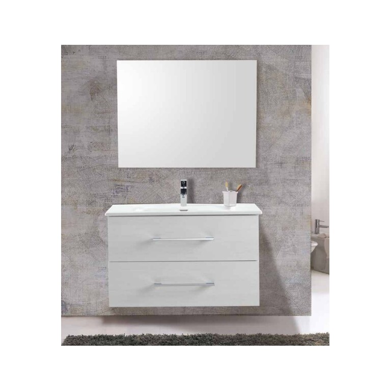 mobile bagno 100 cm roby colore bianco con lavabo in ceramica, specchio 90x70 e applique led