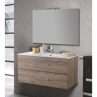 Mobile Bagno 100 cm ROBY Colore Legno con Lavabo in Ceramica, Specchio 90x70 e Applique LED